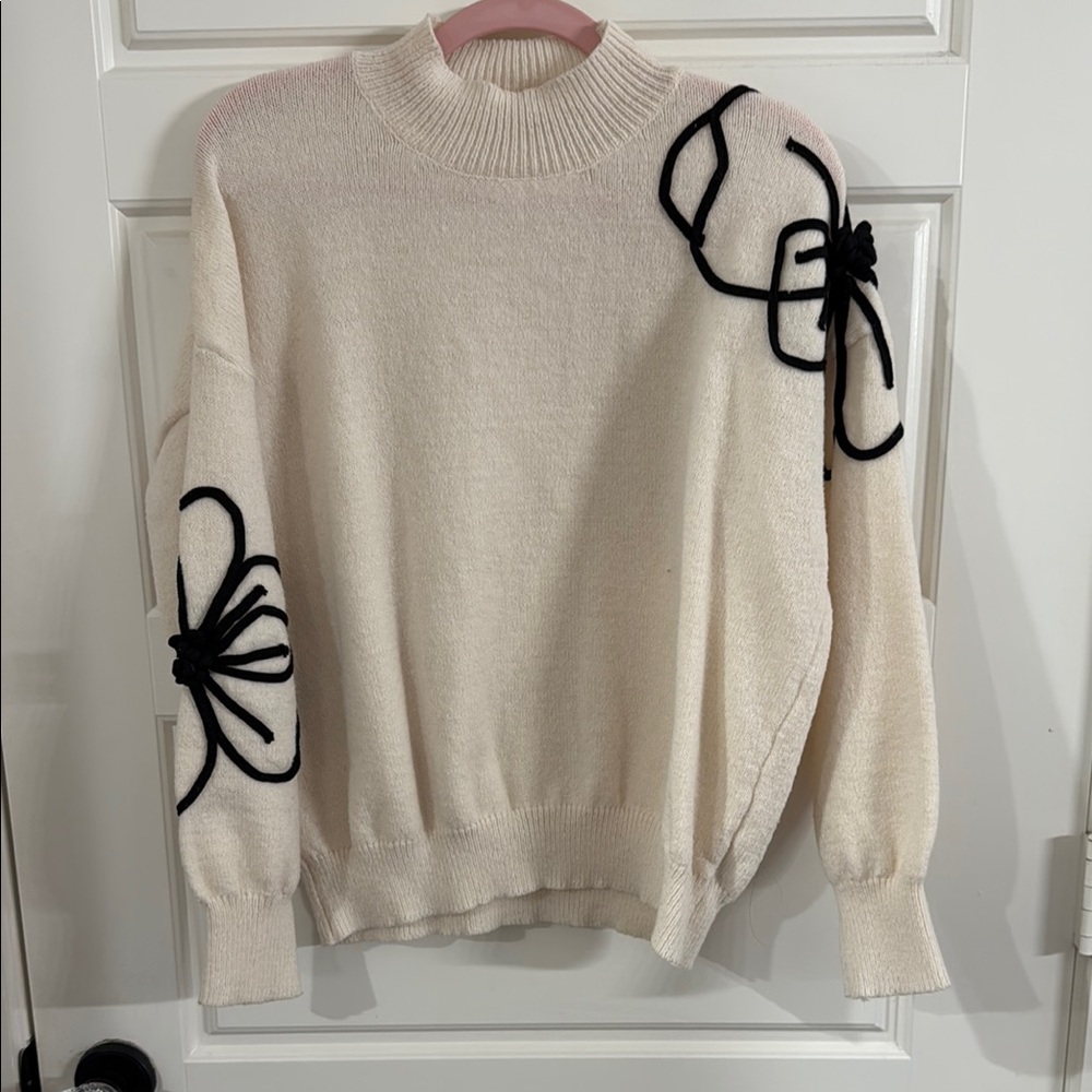 Cream and Black Cowl Neck Sweater with Graphic Designs